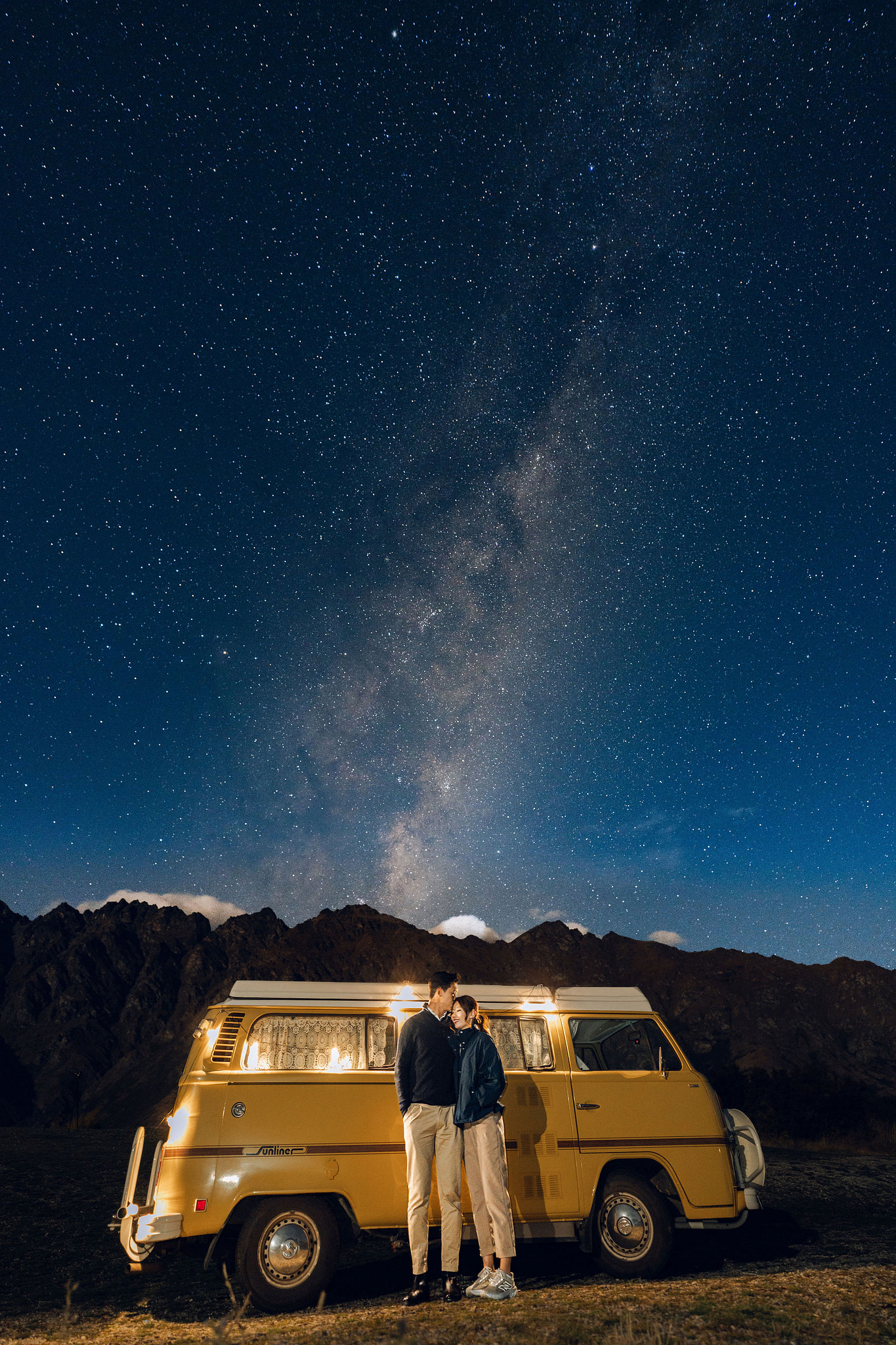 New Zealand Autumn Pre-Wedding Photoshoot Twin Peak Skippers Canyon Alpaca Farm Hilltop Cardrona Night Shoot Kombi Van at Night Shoot pre-wedding photo