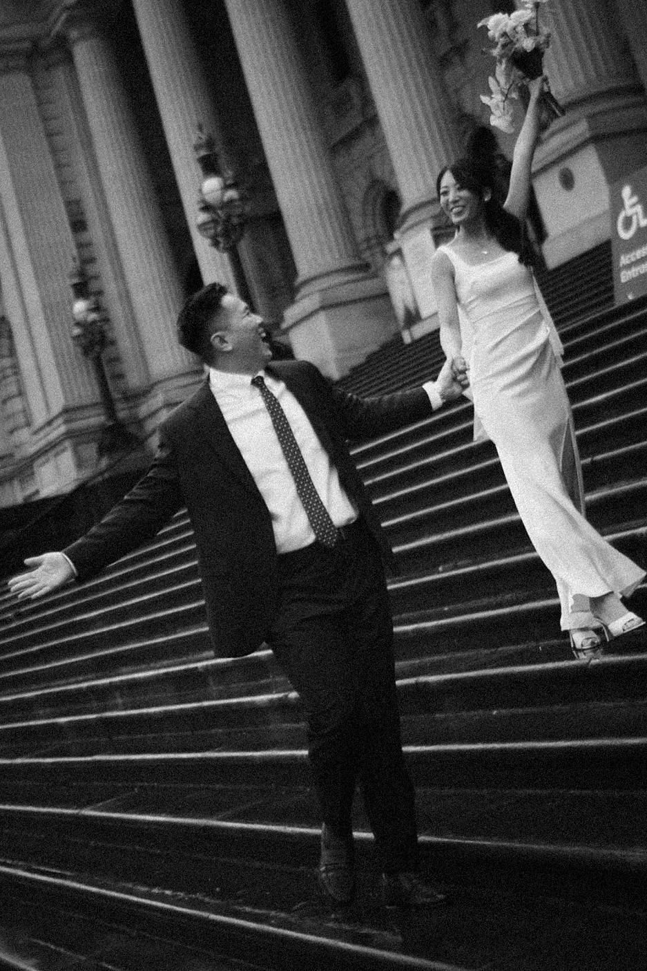 Melbourne Pre-Wedding Photoshoot | Parliament House, Fitzroy Gardens, Melbourne Streets & Half Moon Bay at Parliament House pre-wedding photo