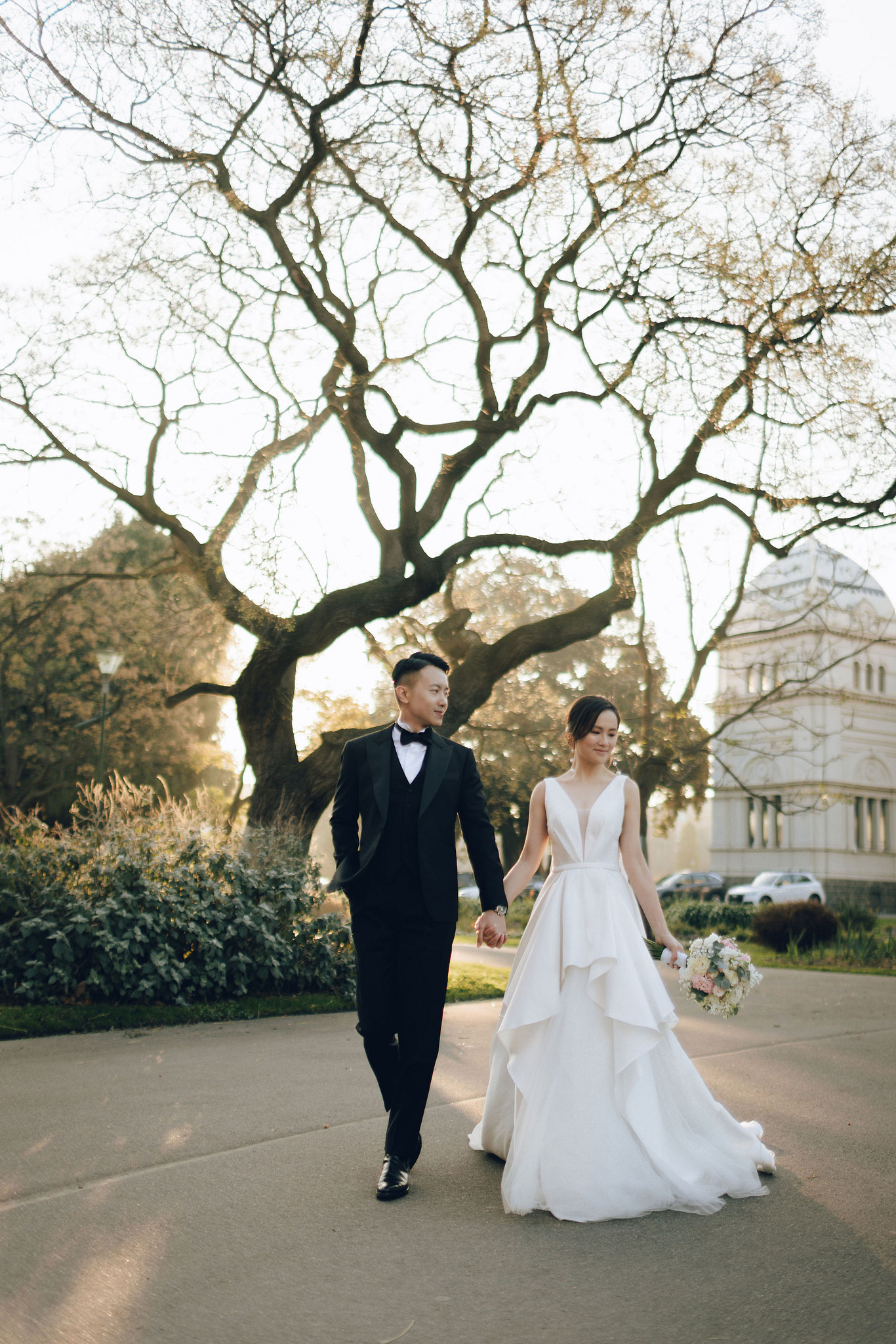 Melbourne Pre-Wedding Photoshoot | Cafe, Redwood Forest, City Streets & Carlton Gardens at Carlton Gardens pre-wedding photo
