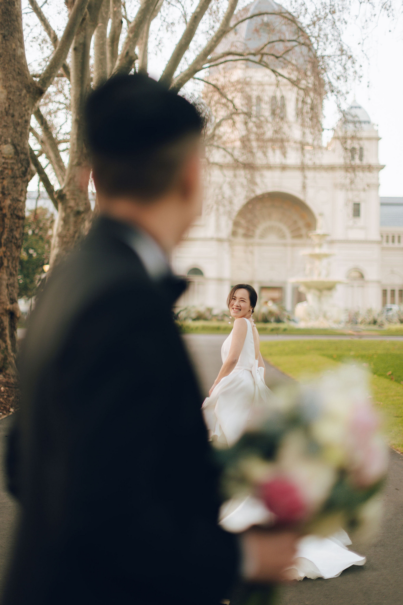 Melbourne Pre-Wedding Photoshoot | Cafe, Redwood Forest, City Streets & Carlton Gardens at Carlton Gardens pre-wedding photo