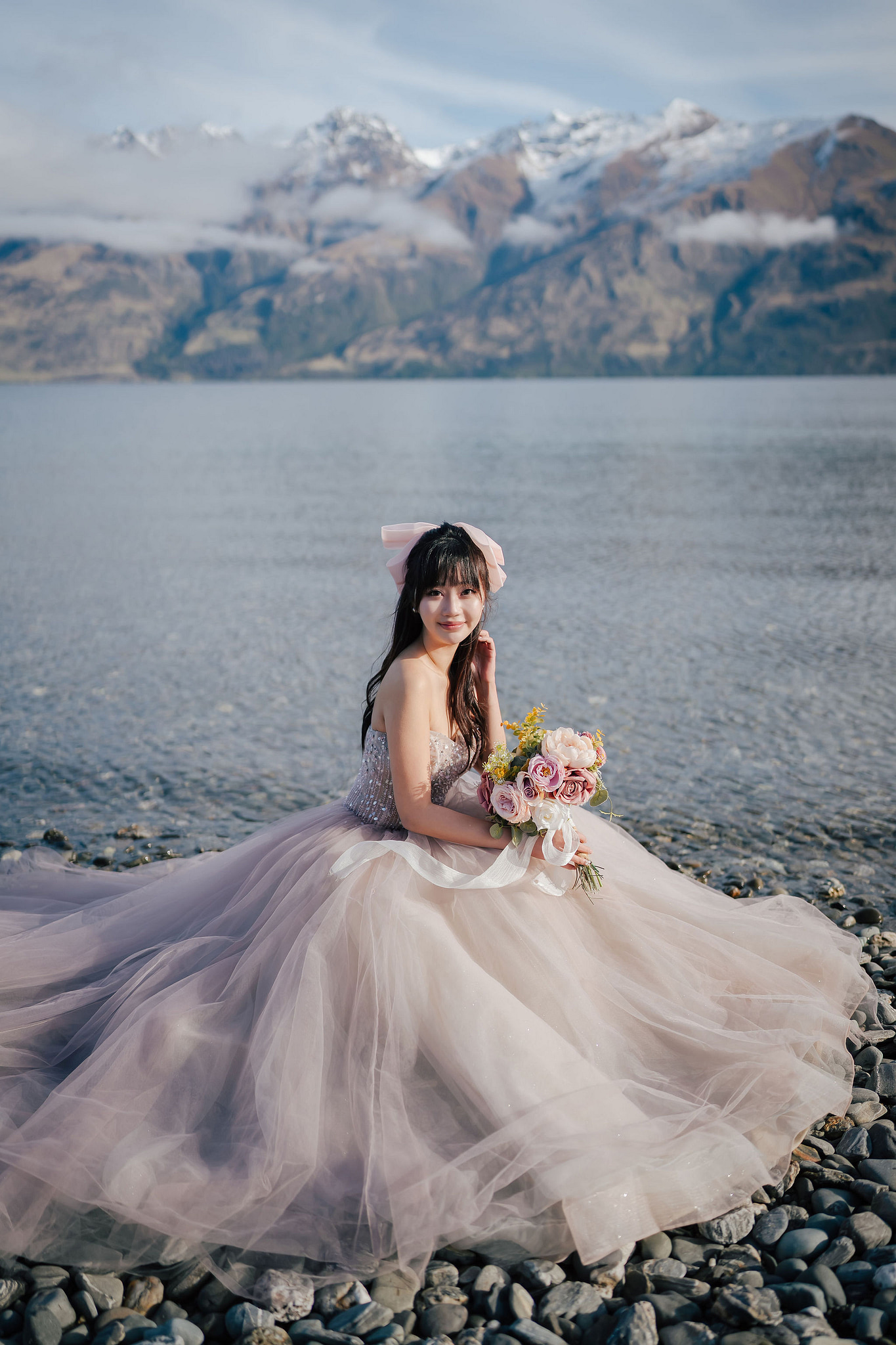 New Zealand Pre-Wedding Photoshoot | Lake Wakatipu, Fog Peak, Lake Tekapo, Glacier & Mount Cook National Park at Lake Wakatipu pre-wedding photo