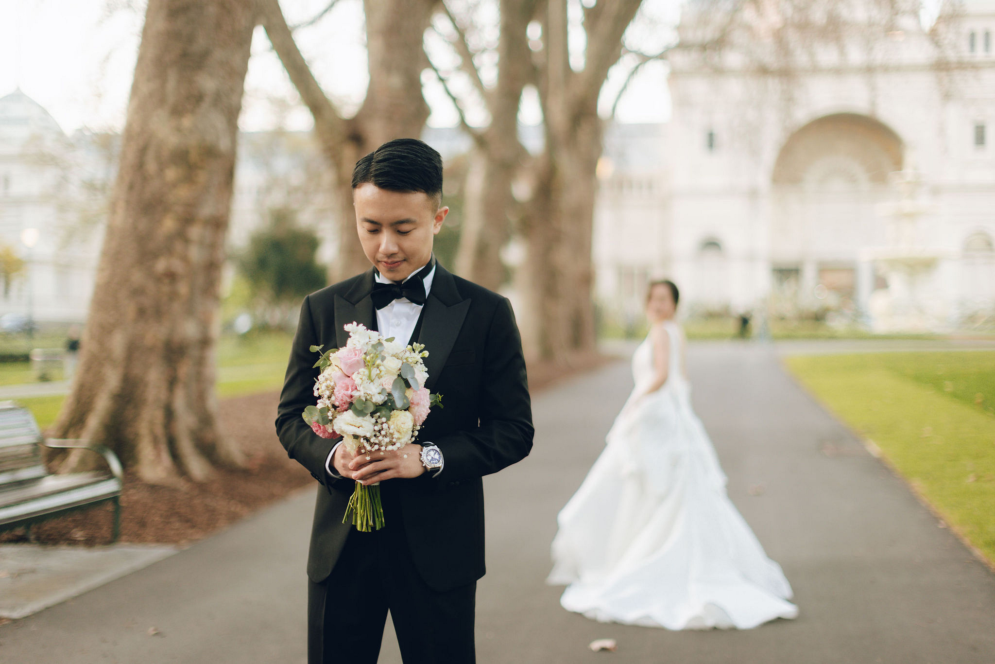 Melbourne Pre-Wedding Photoshoot | Cafe, Redwood Forest, City Streets & Carlton Gardens at Carlton Gardens pre-wedding photo
