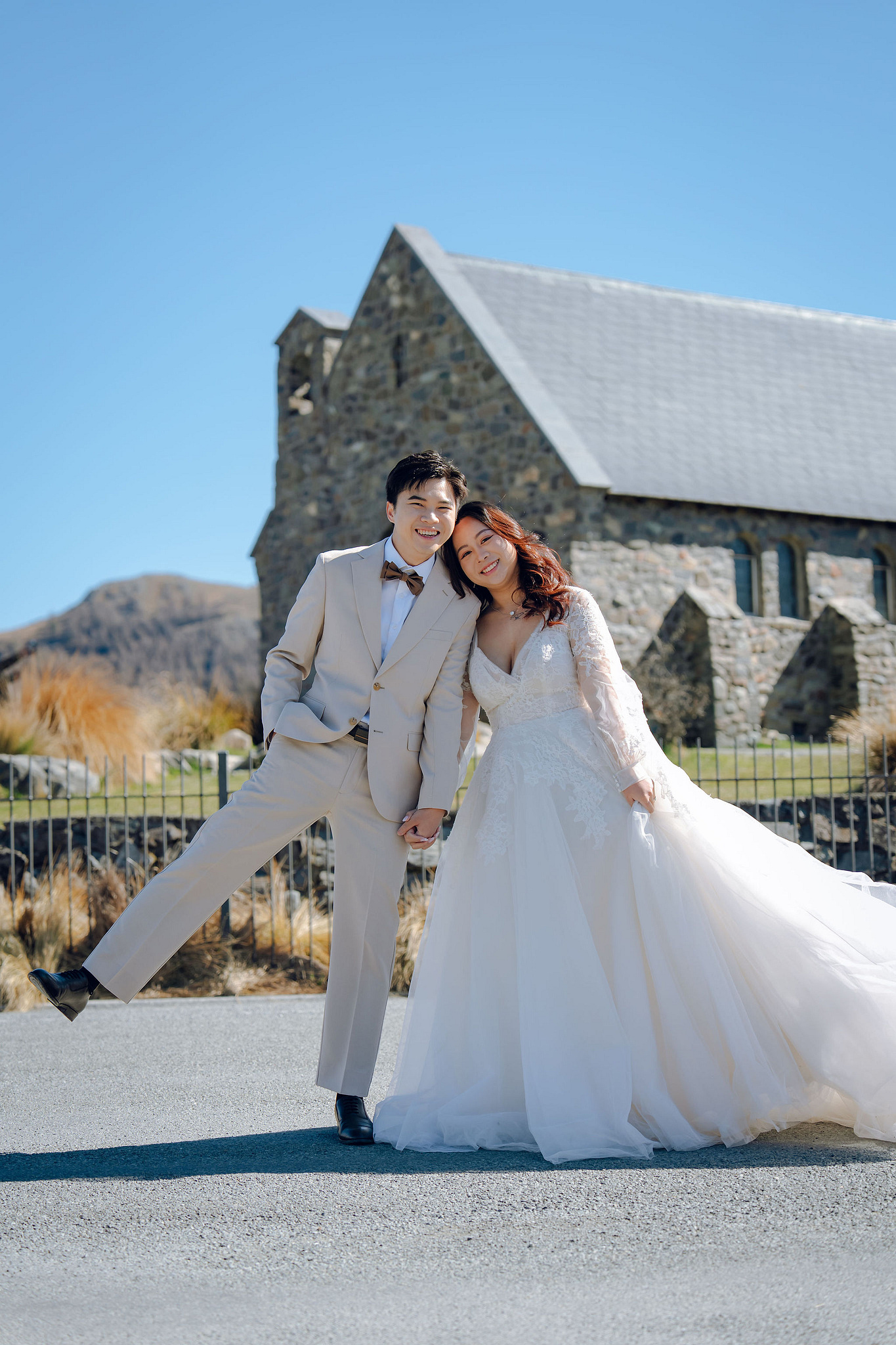 New Zealand Pre-Wedding Photoshoot | Lake Wakatipu, Alta Tarns, Coromandel Peak to Mount Cook at Church of the Good Shepherd pre-wedding photo