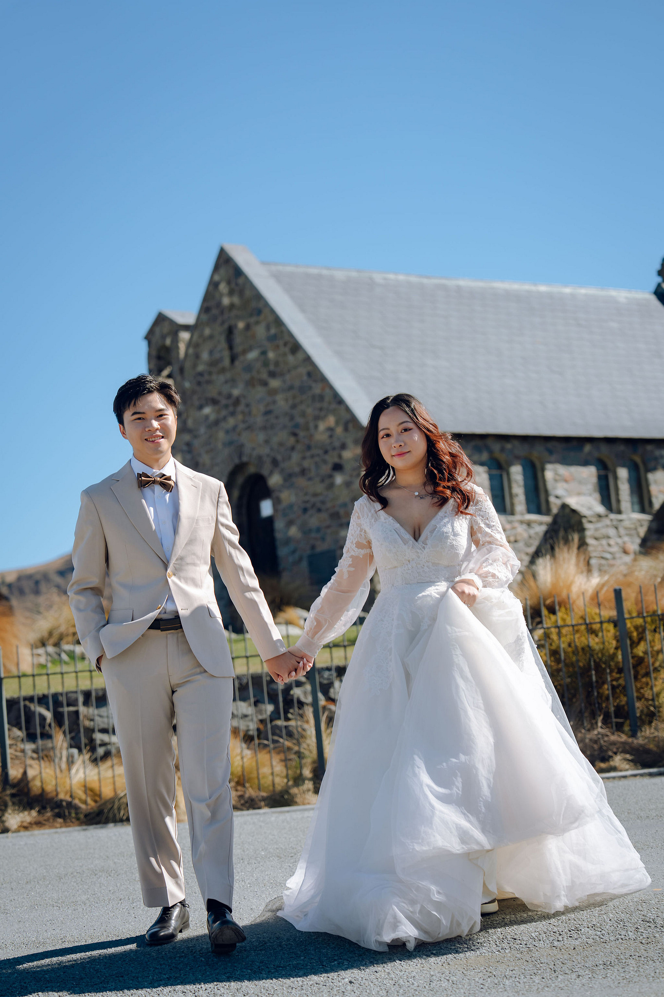 New Zealand Pre-Wedding Photoshoot | Lake Wakatipu, Alta Tarns, Coromandel Peak to Mount Cook at Church of the Good Shepherd pre-wedding photo
