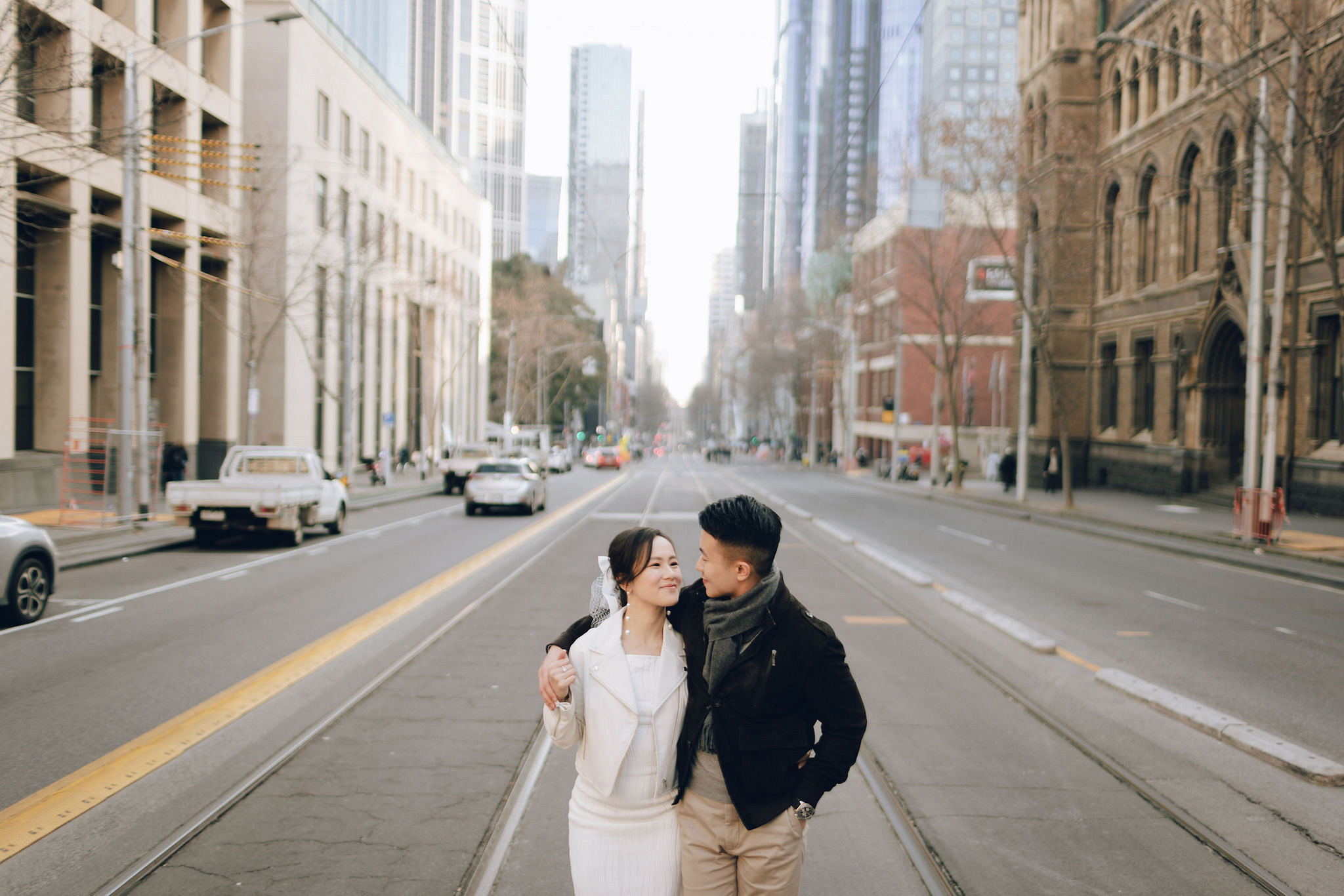 Melbourne Pre-Wedding Photoshoot | Cafe, Redwood Forest, City Streets & Carlton Gardens at Melbourne City Streets pre-wedding photo