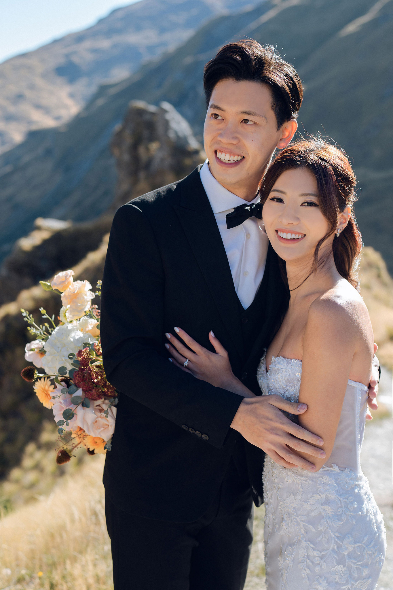 New Zealand Autumn Pre-Wedding Photoshoot Twin Peak Skippers Canyon Alpaca Farm Hilltop Cardrona Night Shoot Kombi Van at Skippers Canyon pre-wedding photo