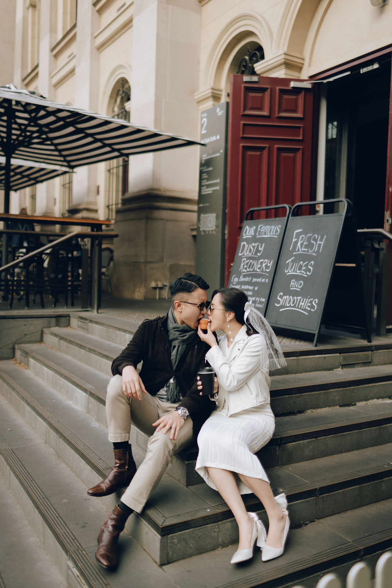 Melbourne Pre-Wedding Photoshoot | Cafe, Redwood Forest, City Streets & Carlton Gardens at City Cafe pre-wedding photo