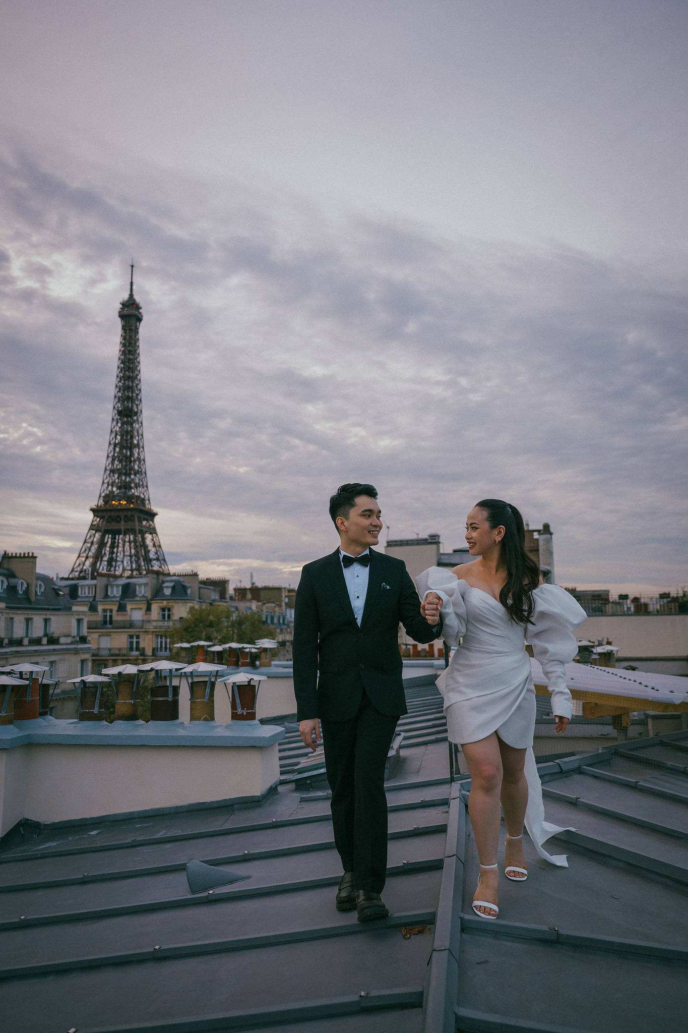 Paris Pre-Wedding Photoshoot | Trocadéro, Vintage Car, Parisian Café, Paris Rooftop & Louvre at Paris Rooftop pre-wedding photo
