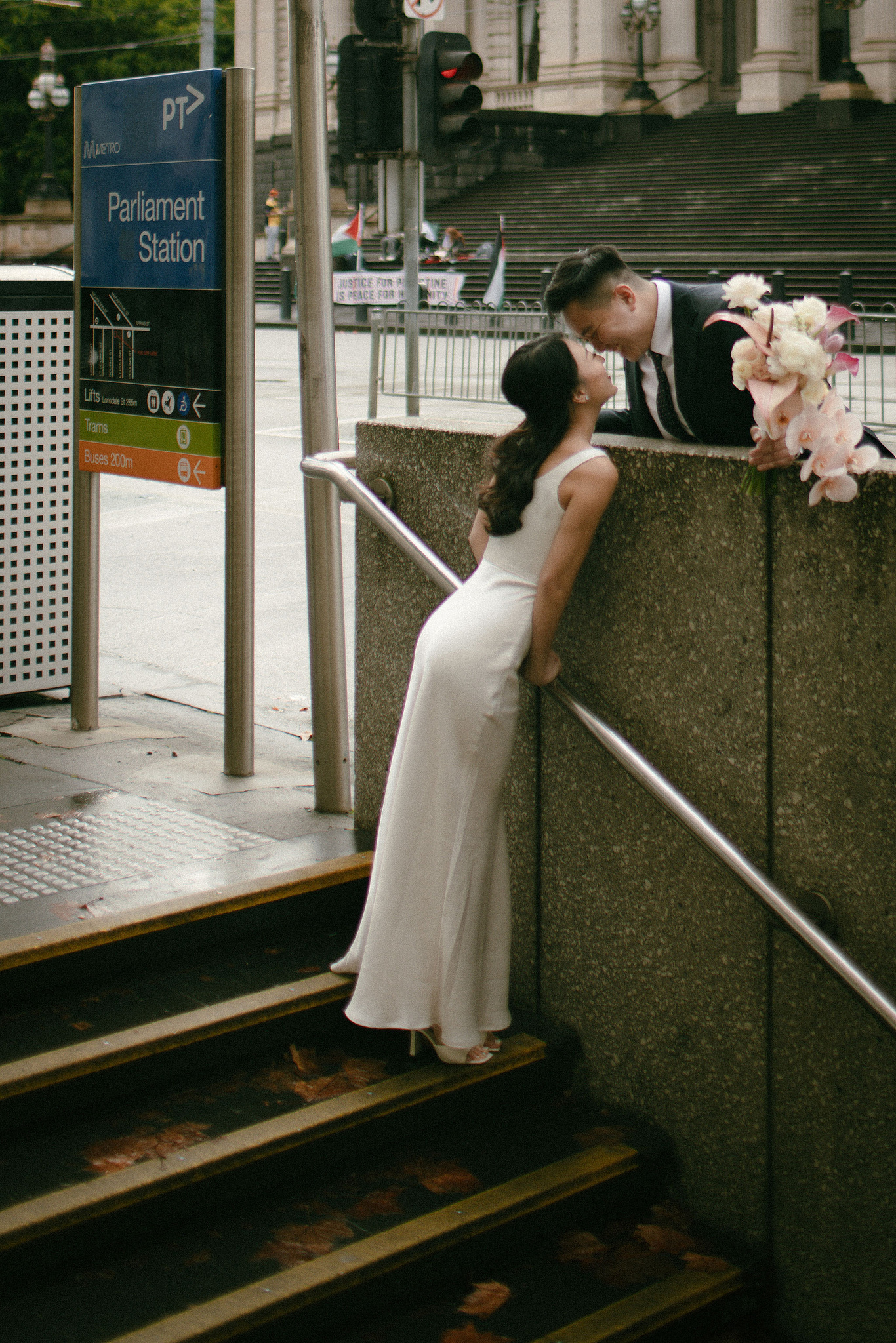 Melbourne Pre-Wedding Photoshoot | Parliament House, Fitzroy Gardens, Melbourne Streets & Half Moon Bay at Parliament House pre-wedding photo
