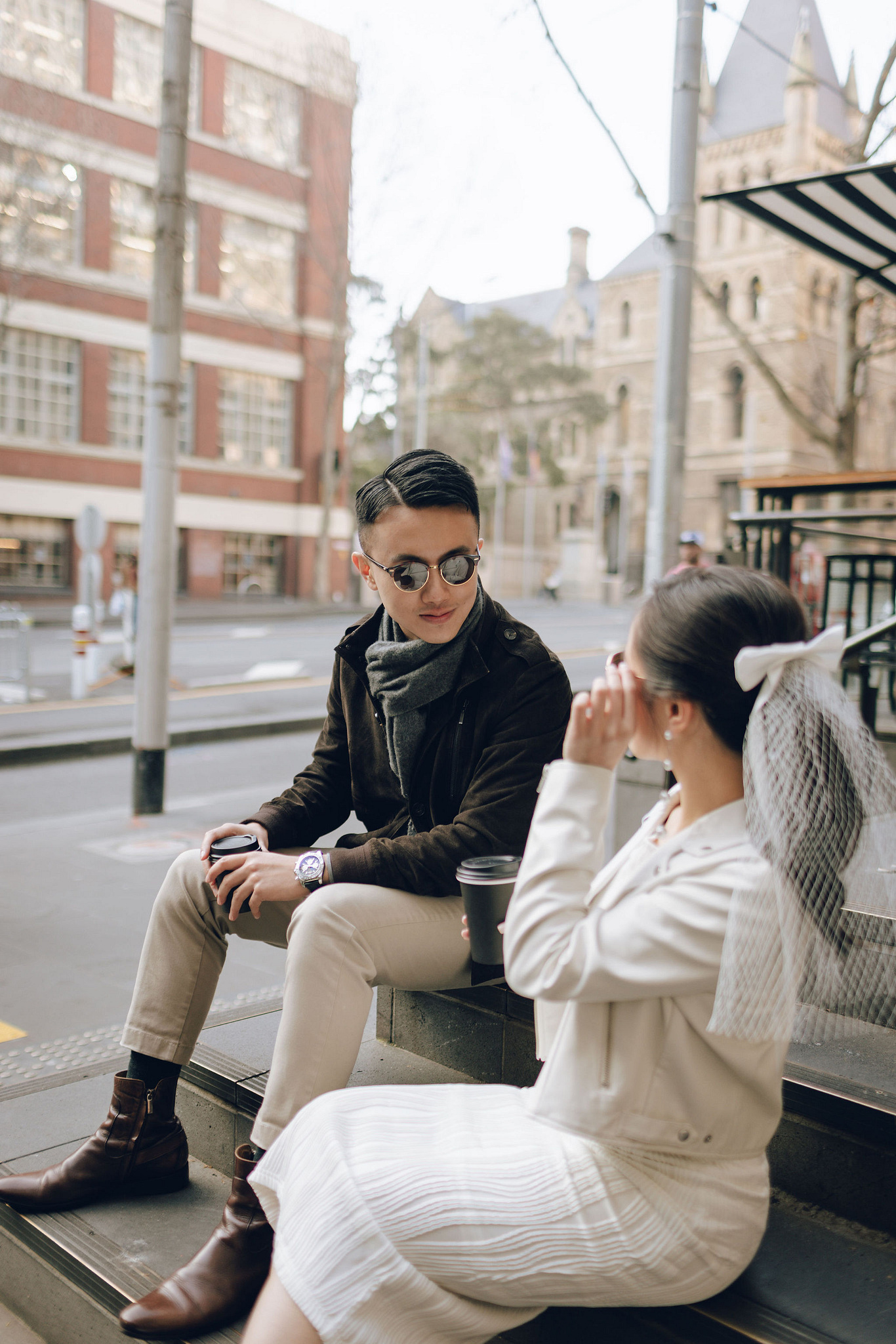 Melbourne Pre-Wedding Photoshoot | Cafe, Redwood Forest, City Streets & Carlton Gardens at Melbourne City Streets pre-wedding photo