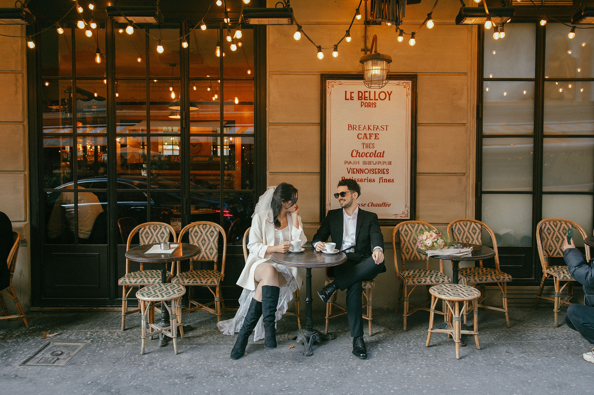 Paris Pre-Wedding Photoshoot | Place du Trocadéro, Avenue de Camoëns, Parisian Café, Tuileries Garden & Louvre at Parisian Café pre-wedding photo