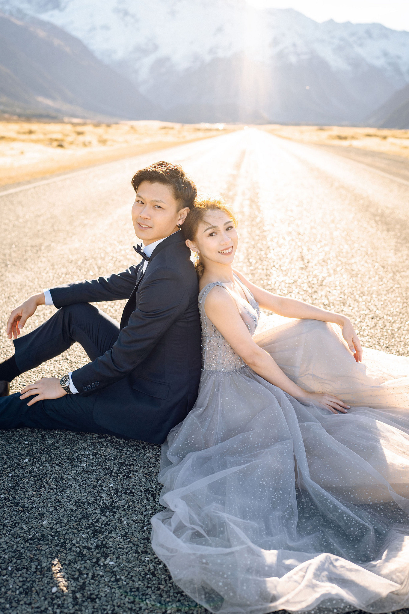 New Zealand Pre-Wedding Photoshoot | Alpaca Farm, Mt John, Lake Tekapo, Mount Cook National Park, Glacier Lake & Omarama Clay Cliffs at Lake Tekapo, Mount Cook National Park & Glacier Lake pre-wedding photo