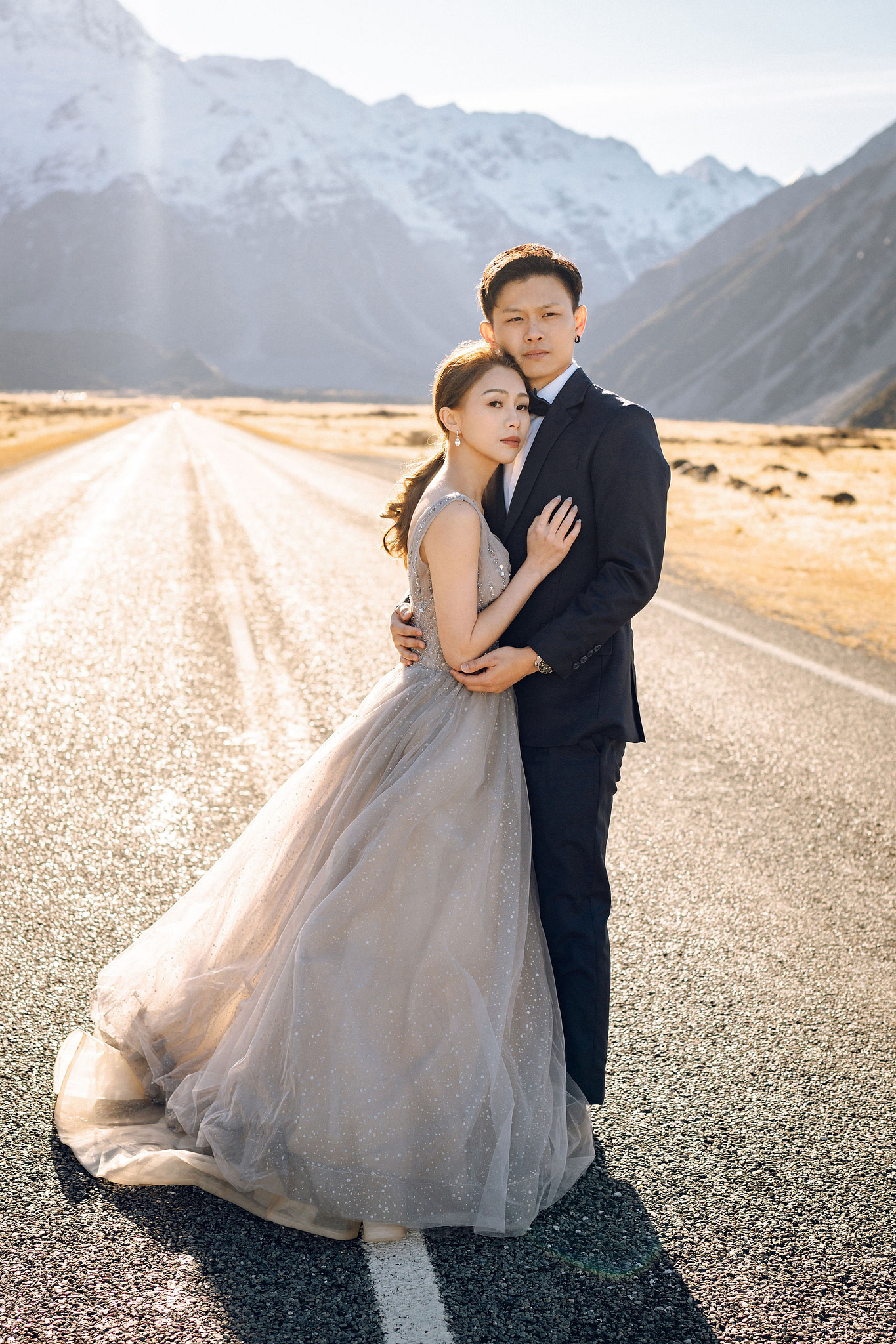 New Zealand Pre-Wedding Photoshoot | Alpaca Farm, Mt John, Lake Tekapo, Mount Cook National Park, Glacier Lake & Omarama Clay Cliffs at Lake Tekapo, Mount Cook National Park & Glacier Lake pre-wedding photo
