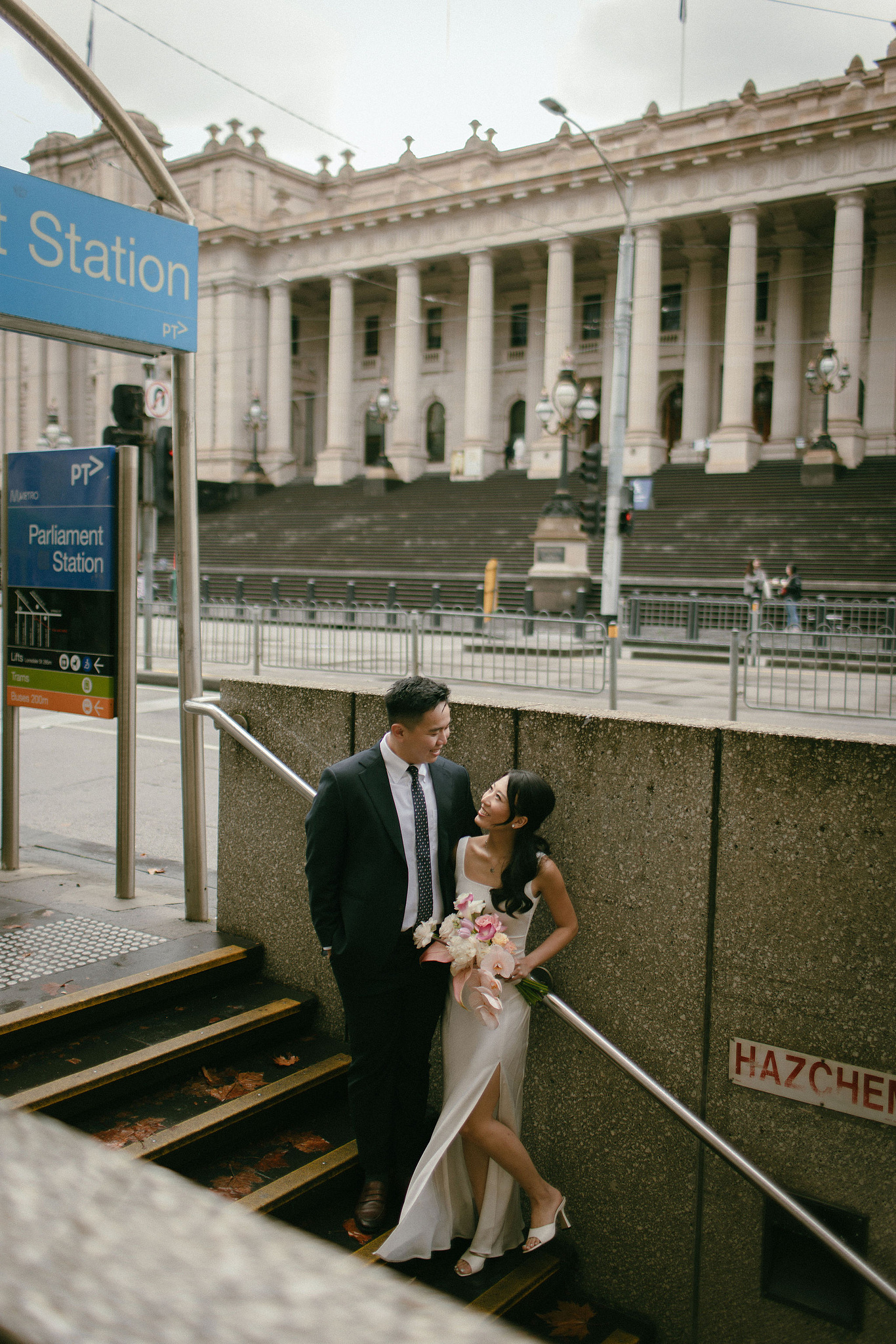 Melbourne Pre-Wedding Photoshoot | Parliament House, Fitzroy Gardens, Melbourne Streets & Half Moon Bay at Parliament House pre-wedding photo