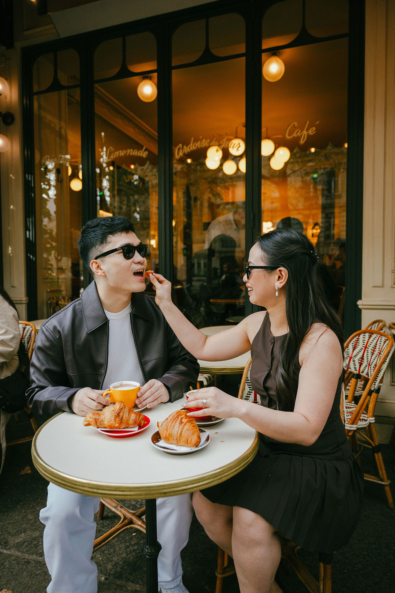 Paris Pre-Wedding Photoshoot | Trocadéro, Vintage Car, Parisian Café, Paris Rooftop & Louvre at Parisian Café pre-wedding photo