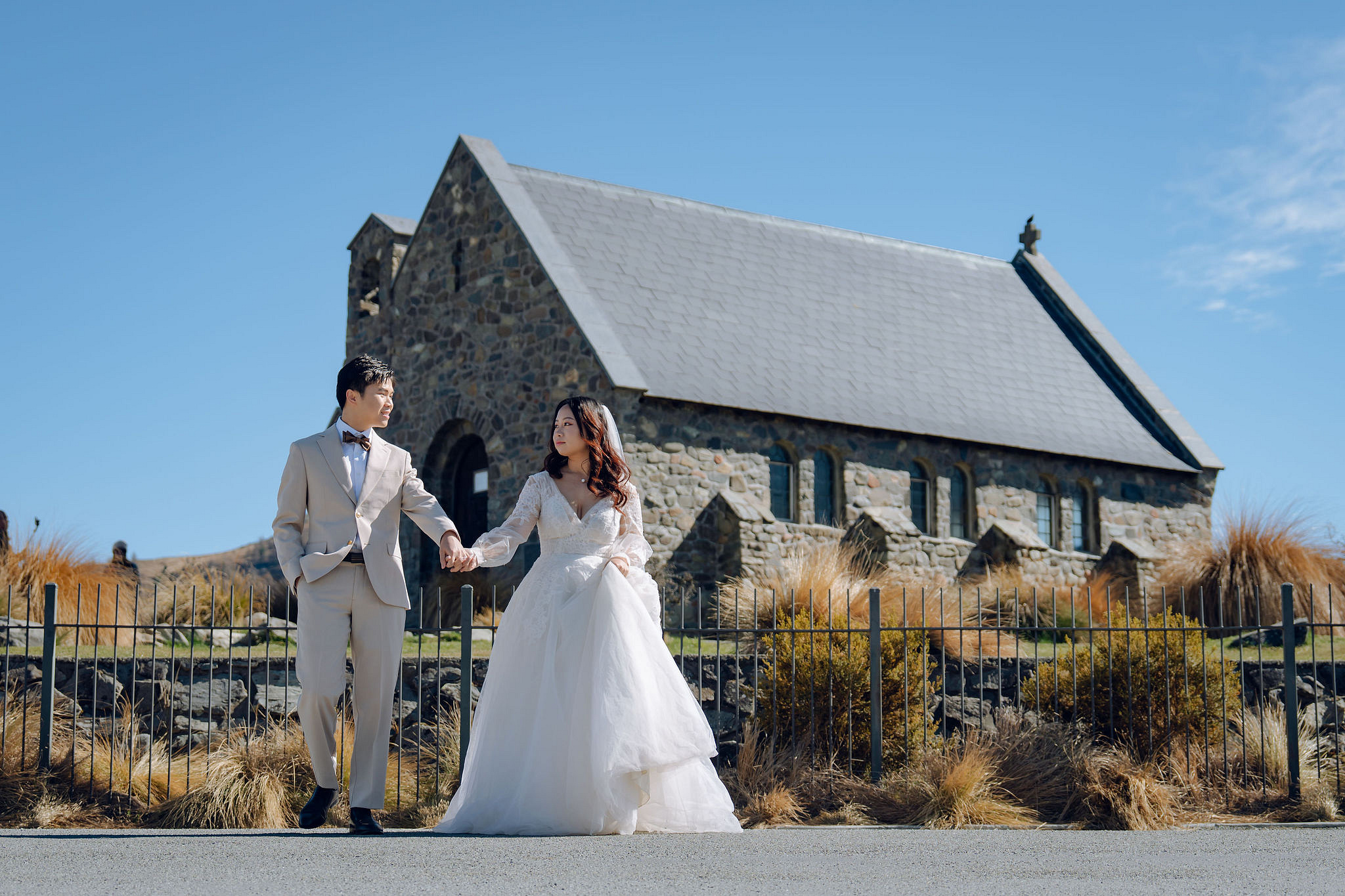 New Zealand Pre-Wedding Photoshoot | Lake Wakatipu, Alta Tarns, Coromandel Peak to Mount Cook at Church of the Good Shepherd pre-wedding photo
