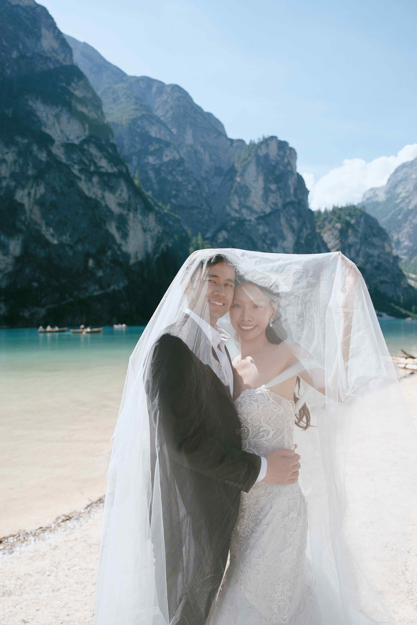 Dolomites Post-Wedding Photoshoot | Lago di Braies, Seceda & Val di Funes at Lago di Braies pre-wedding photo