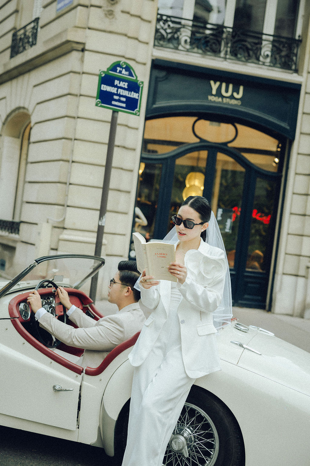 Paris Pre-Wedding Photoshoot with Eiﬀel Tower Louvre Museum Parisian Cafe Vintage Car Rooftop Night at Parisian Streets pre-wedding photo
