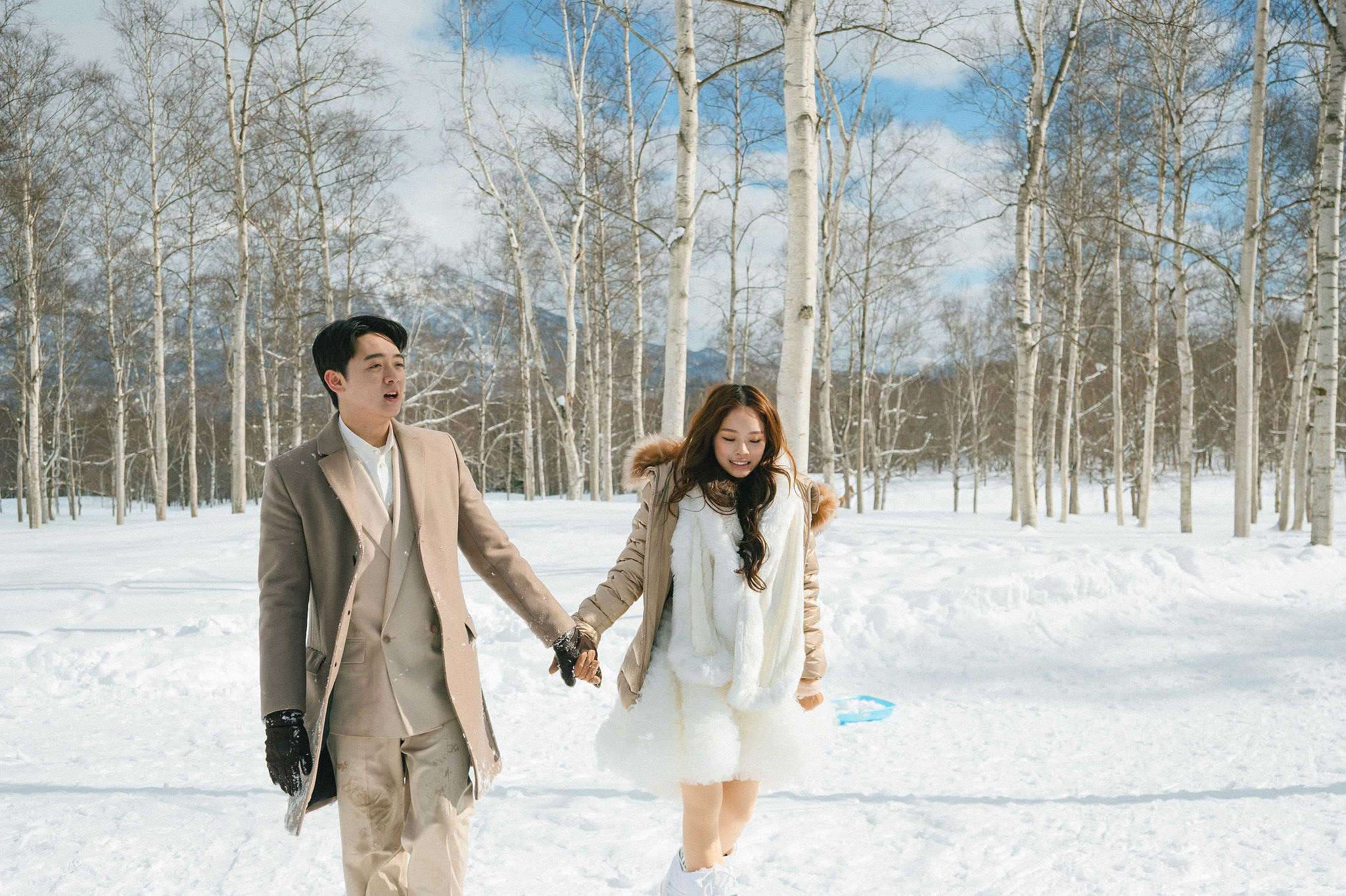 Hokkaido Pre-Wedding Photoshoot | Birch Forest, Rusutsu Resort & Hirafu Village at Birch Forest pre-wedding photo