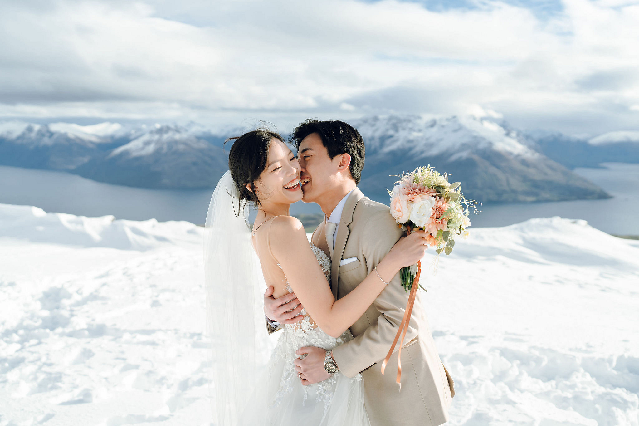 New Zealand Pre-Wedding Photoshoot | Cherry Blossoms, Coromandel Peak & Lake Wakatipu at Coromandel Peak pre-wedding photo