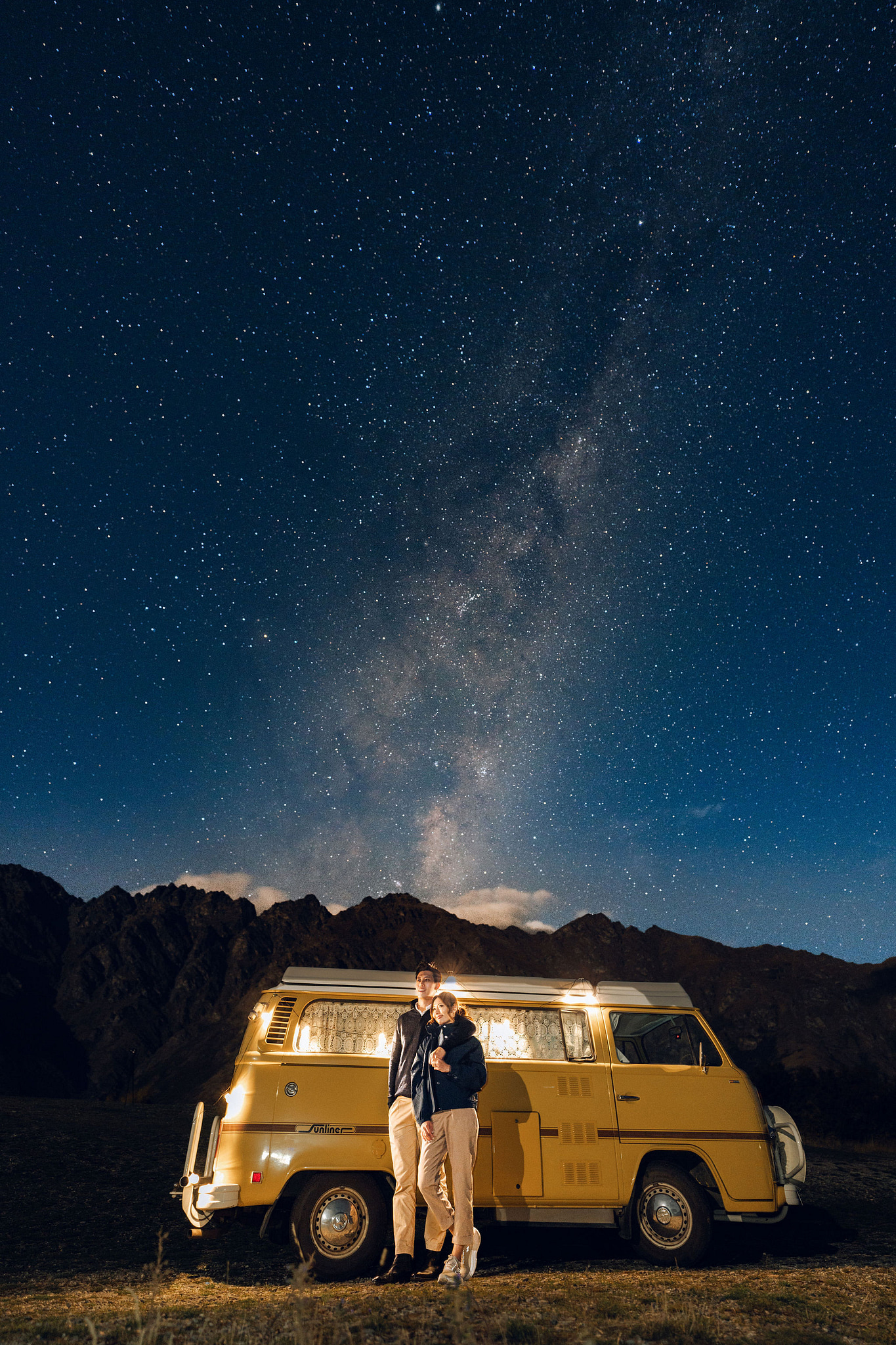 New Zealand Autumn Pre-Wedding Photoshoot Twin Peak Skippers Canyon Alpaca Farm Hilltop Cardrona Night Shoot Kombi Van at Night Shoot pre-wedding photo