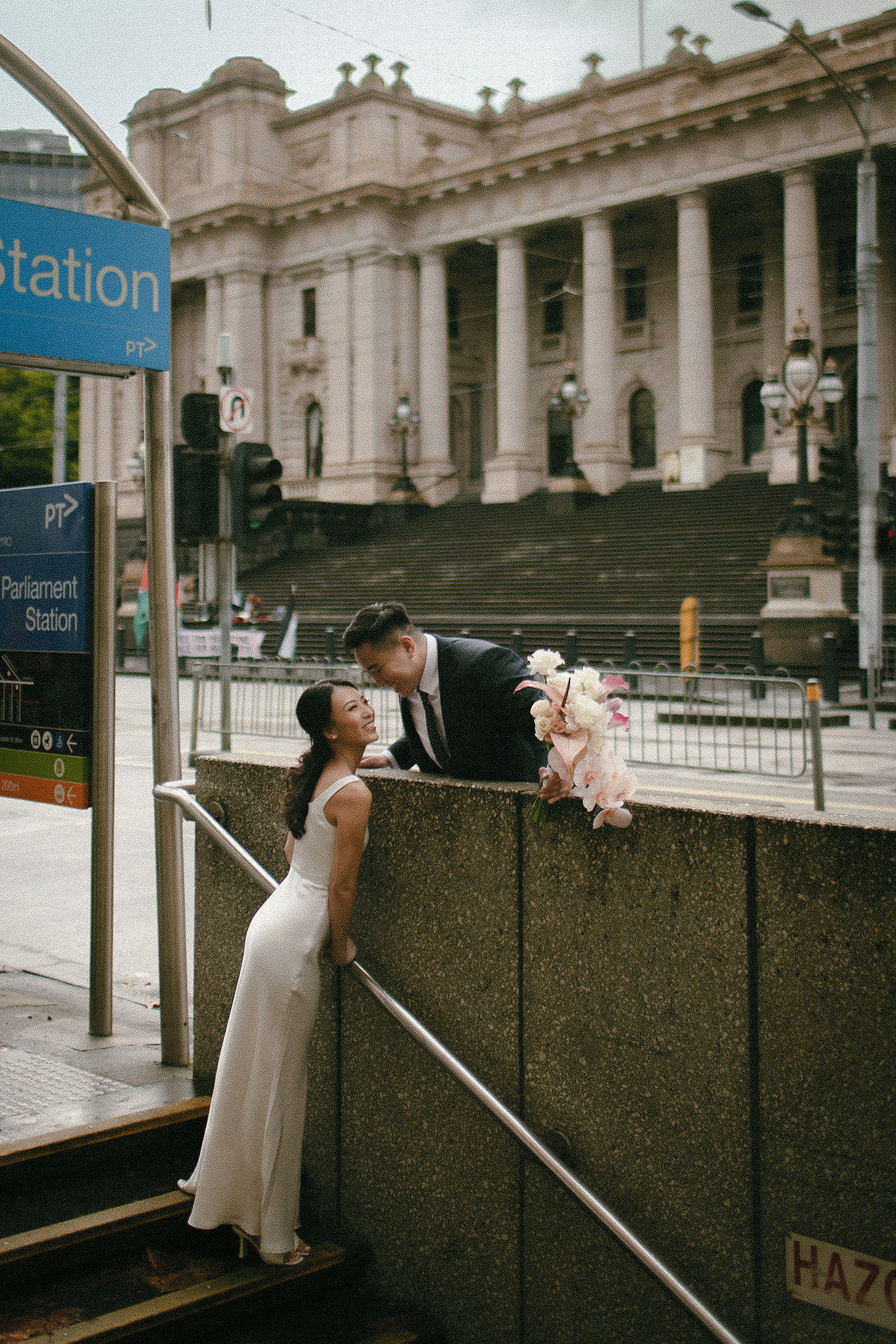 Melbourne Pre-Wedding Photoshoot | Parliament House, Fitzroy Gardens, Melbourne Streets & Half Moon Bay at Parliament House pre-wedding photo