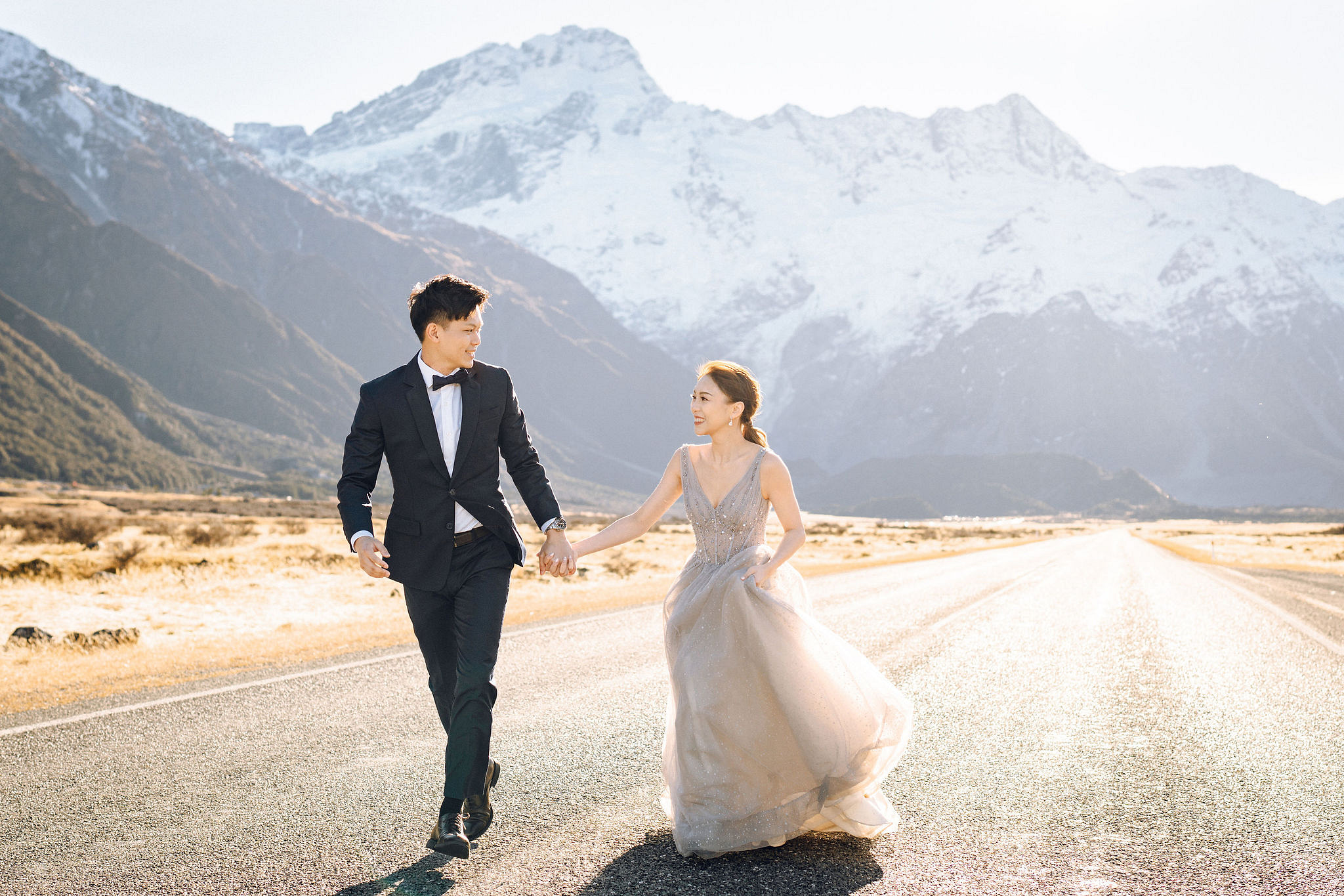 New Zealand Pre-Wedding Photoshoot | Alpaca Farm, Mt John, Lake Tekapo, Mount Cook National Park, Glacier Lake & Omarama Clay Cliffs at Lake Tekapo, Mount Cook National Park & Glacier Lake pre-wedding photo