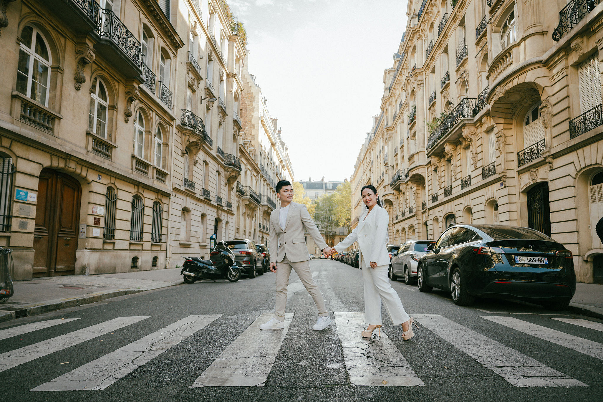 Paris Pre-Wedding Photoshoot | Trocadéro, Vintage Car, Parisian Café, Paris Rooftop & Louvre at Vintage Car pre-wedding photo
