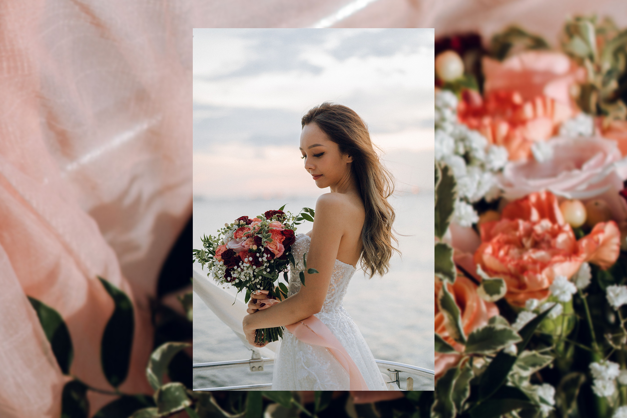 Sunset Prewedding Photoshoot On A Yacht With Romantic Floral Styling by Samantha on OneThreeOneFour 27