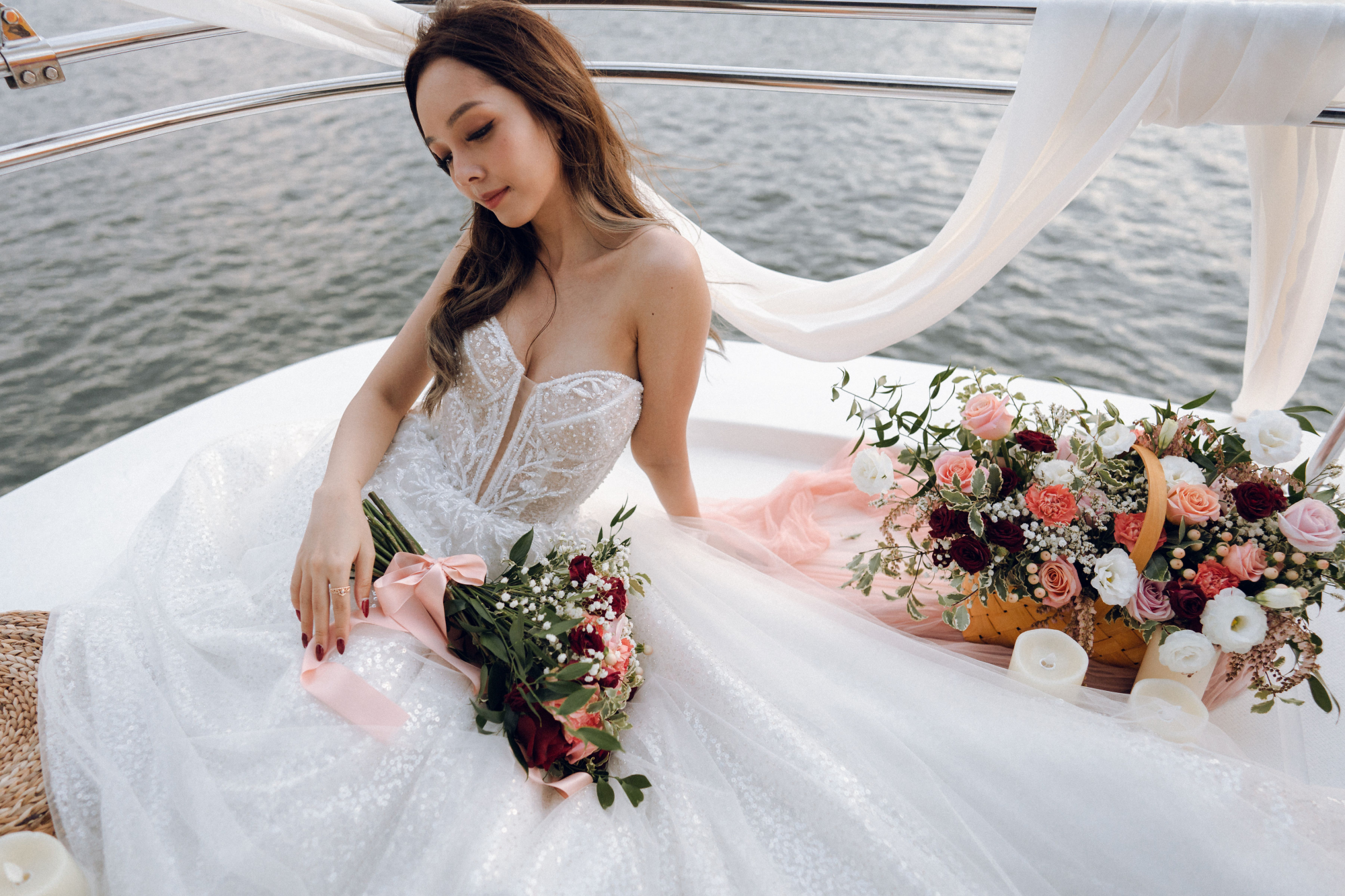 Sunset Prewedding Photoshoot On A Yacht With Romantic Floral Styling by Samantha on OneThreeOneFour 24