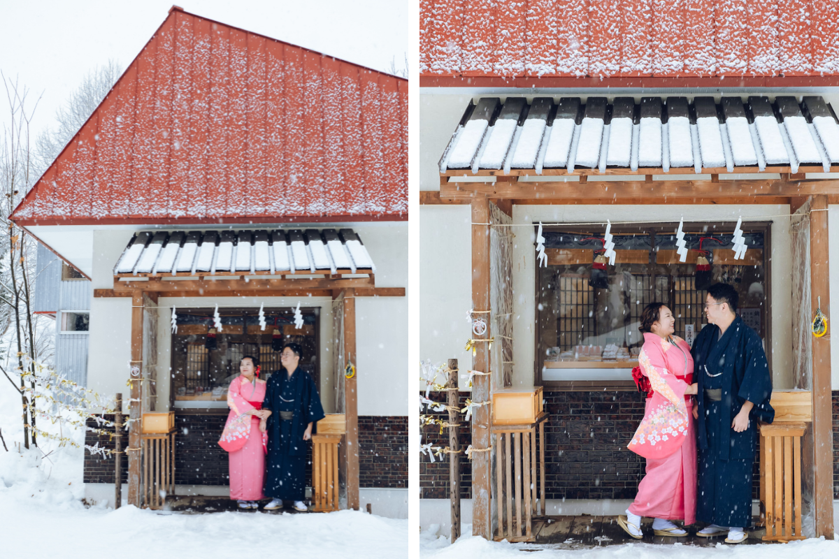 Hokkaido Prewedding Photoshoot At Lake Toya, Hilton Niseko Village And Kimono Shoot In Kaributo Shrine In Winter by Kuma on OneThreeOneFour 4