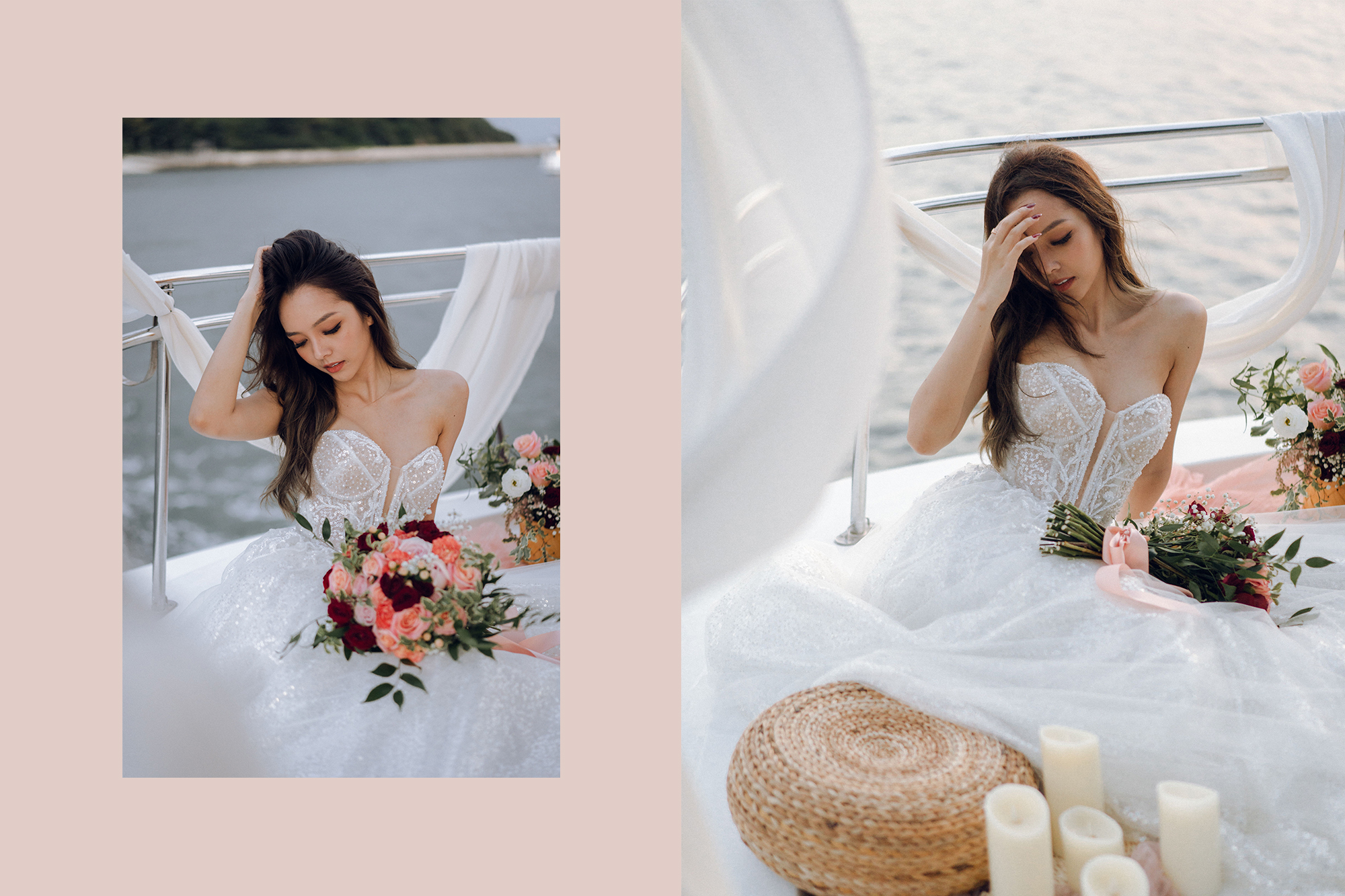 Sunset Prewedding Photoshoot On A Yacht With Romantic Floral Styling by Samantha on OneThreeOneFour 25