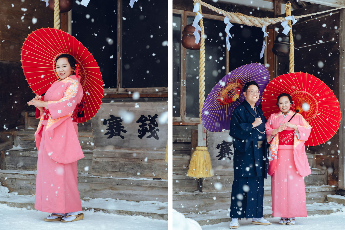 Hokkaido Prewedding Photoshoot At Lake Toya, Hilton Niseko Village And Kimono Shoot In Kaributo Shrine In Winter by Kuma on OneThreeOneFour 7