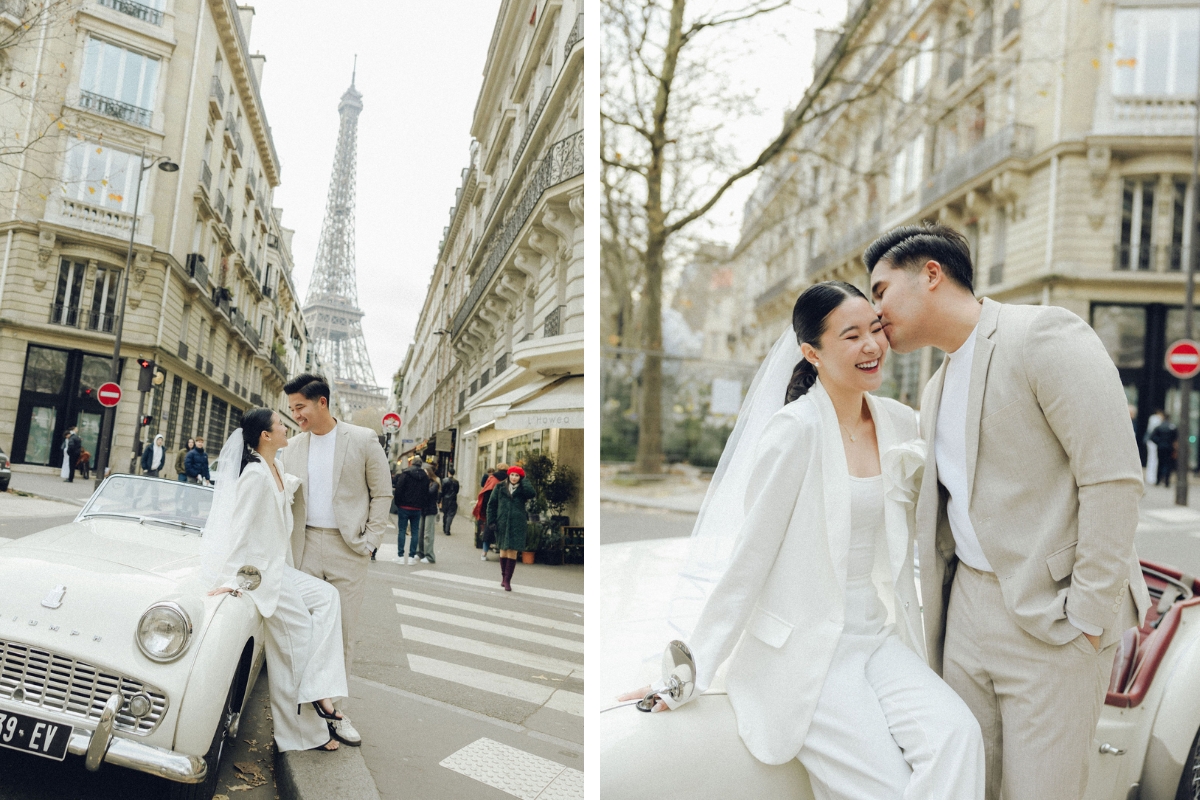 Paris Pre-Wedding Photoshoot with Eiﬀel Tower Louvre Museum Parisian Cafe Vintage Car Rooftop Night  by OneThreeOneFour on OneThreeOneFour 1