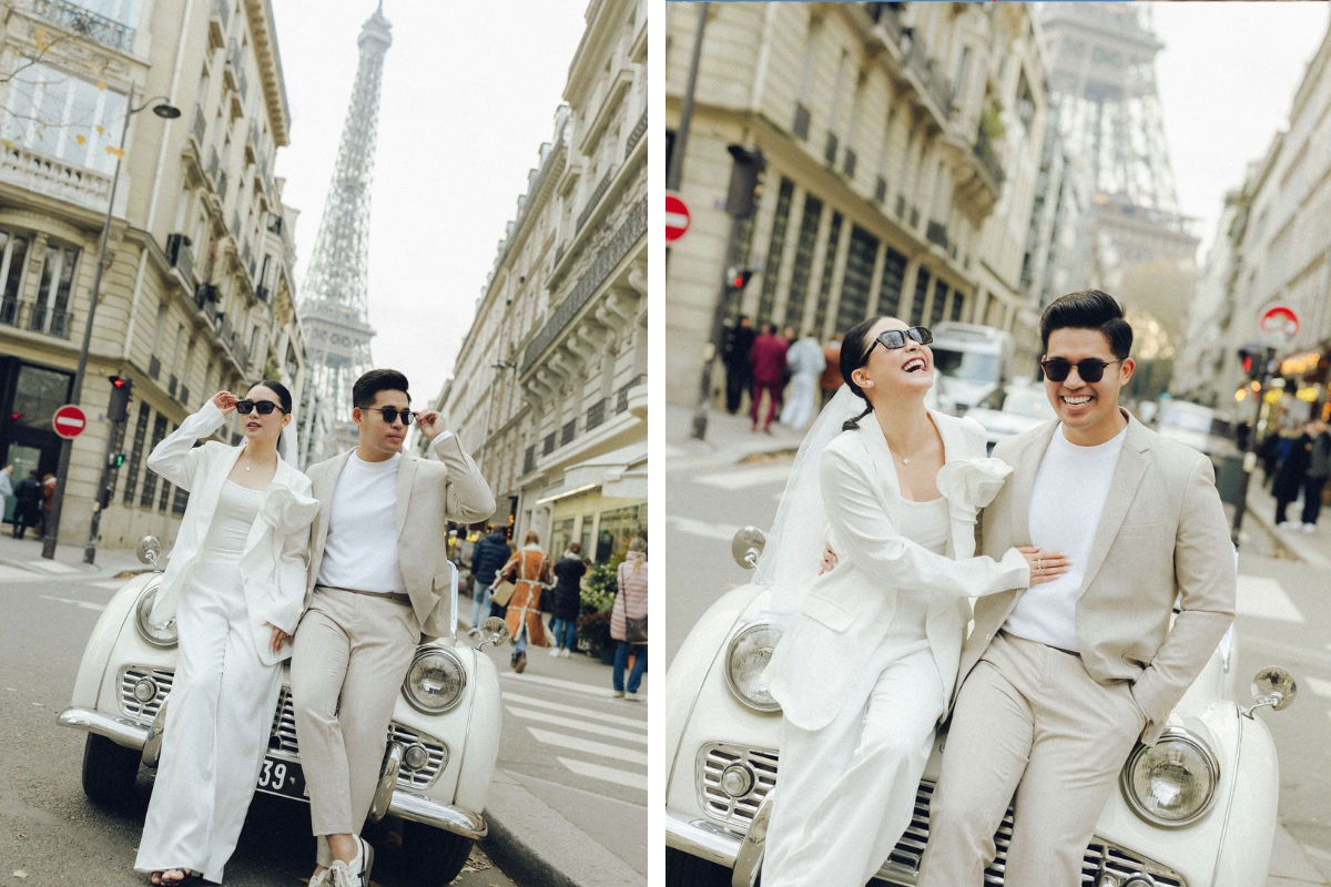 Paris Pre-Wedding Photoshoot with Eiﬀel Tower Louvre Museum Parisian Cafe Vintage Car Rooftop Night  by OneThreeOneFour on OneThreeOneFour 5