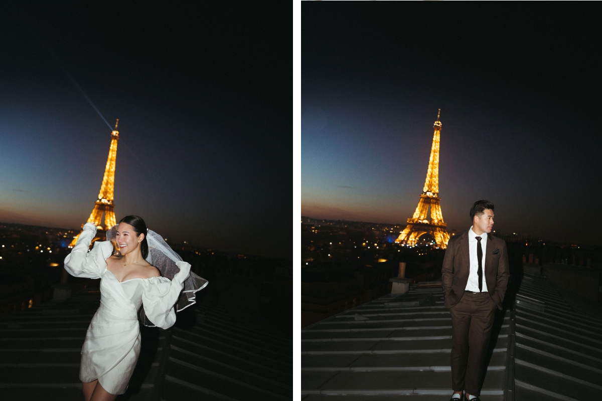 Paris Pre-Wedding Photoshoot with Eiﬀel Tower Louvre Museum Parisian Cafe Vintage Car Rooftop Night  by OneThreeOneFour on OneThreeOneFour 46