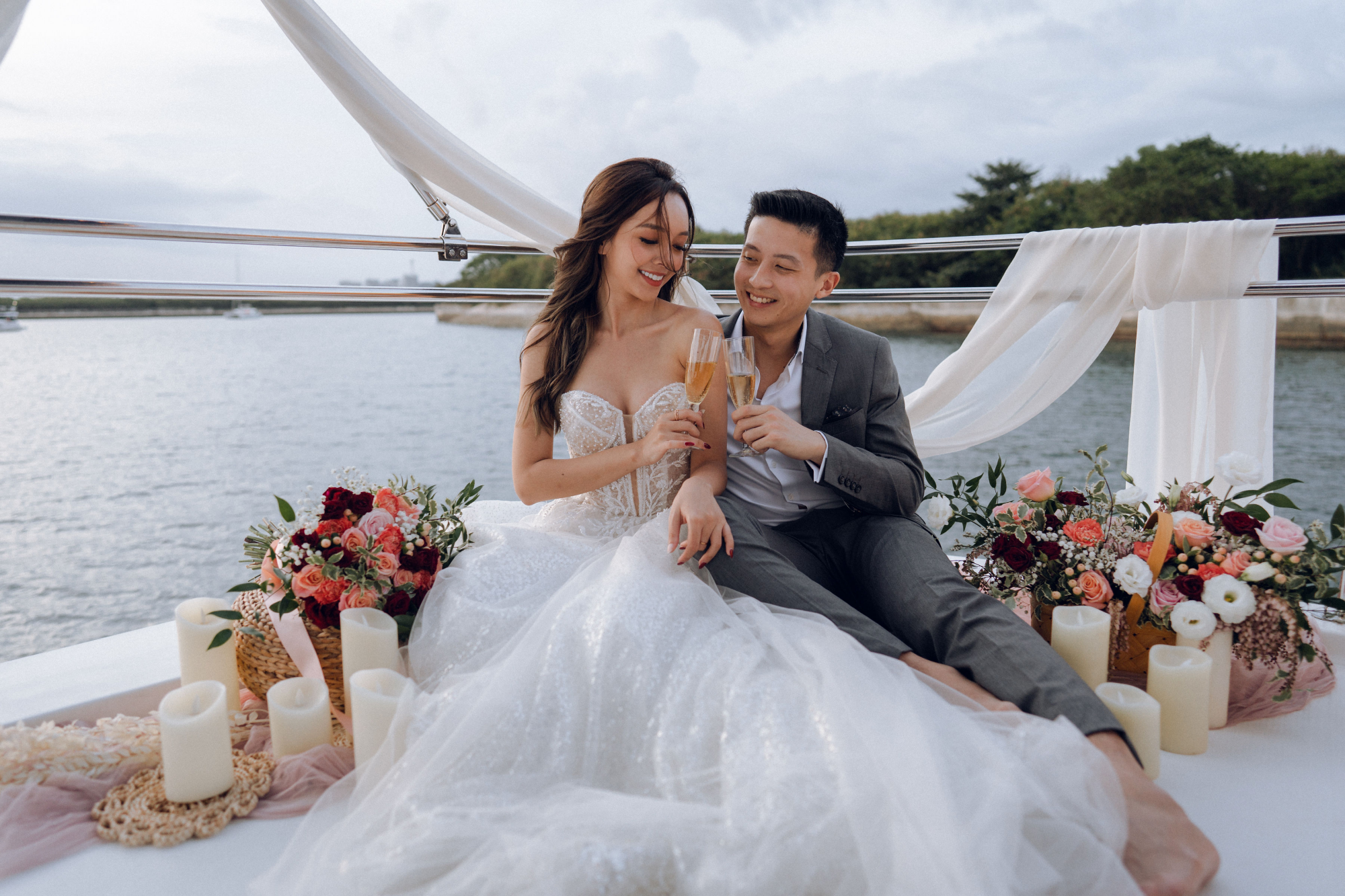 Sunset Prewedding Photoshoot On A Yacht With Romantic Floral Styling by Samantha on OneThreeOneFour 17