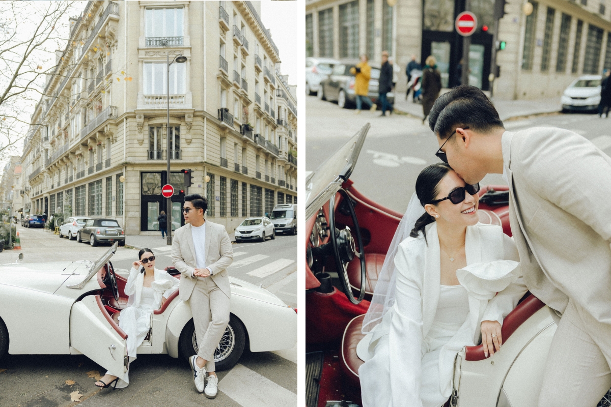 Paris Pre-Wedding Photoshoot with Eiﬀel Tower Louvre Museum Parisian Cafe Vintage Car Rooftop Night  by OneThreeOneFour on OneThreeOneFour 7