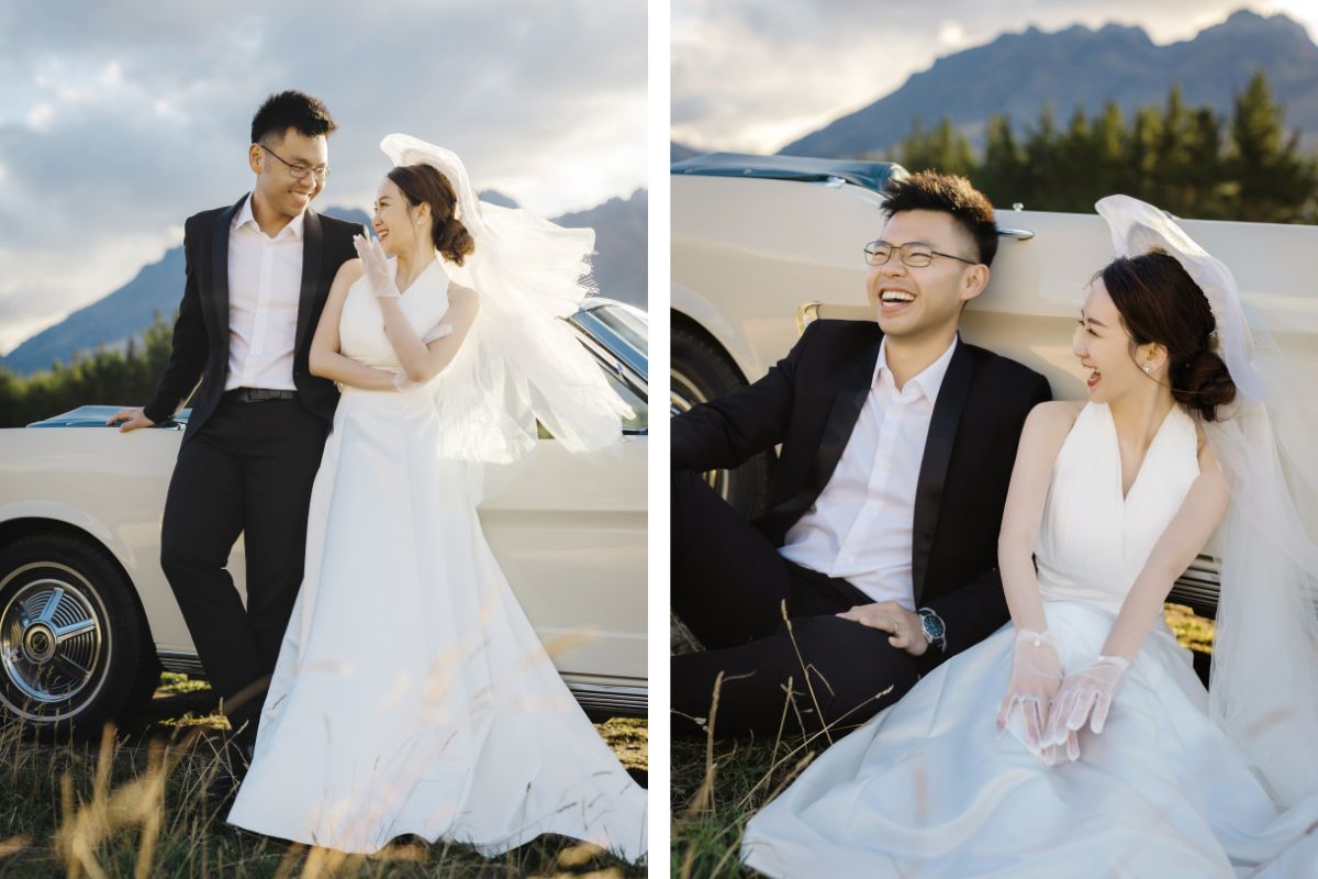 Enchanting Pre-Wedding Photoshoot in Queenstown, New Zealand: Vintage Car, White Horse, and Helicopter amidst Snow-Capped Mountains by Fei on OneThreeOneFour 10