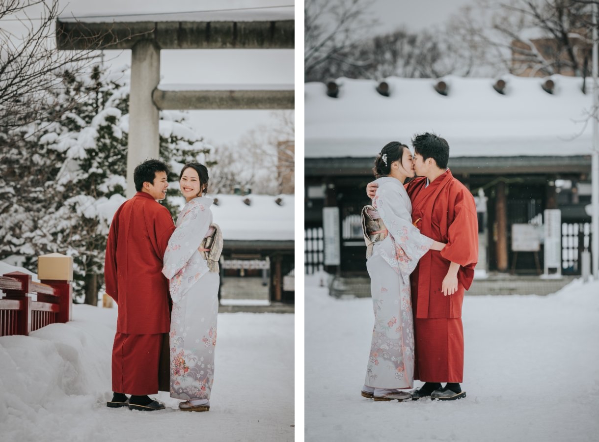 M&J: Magical snowy pre-wedding in Hokkaido wearing kimono by Kuma on OneThreeOneFour 16