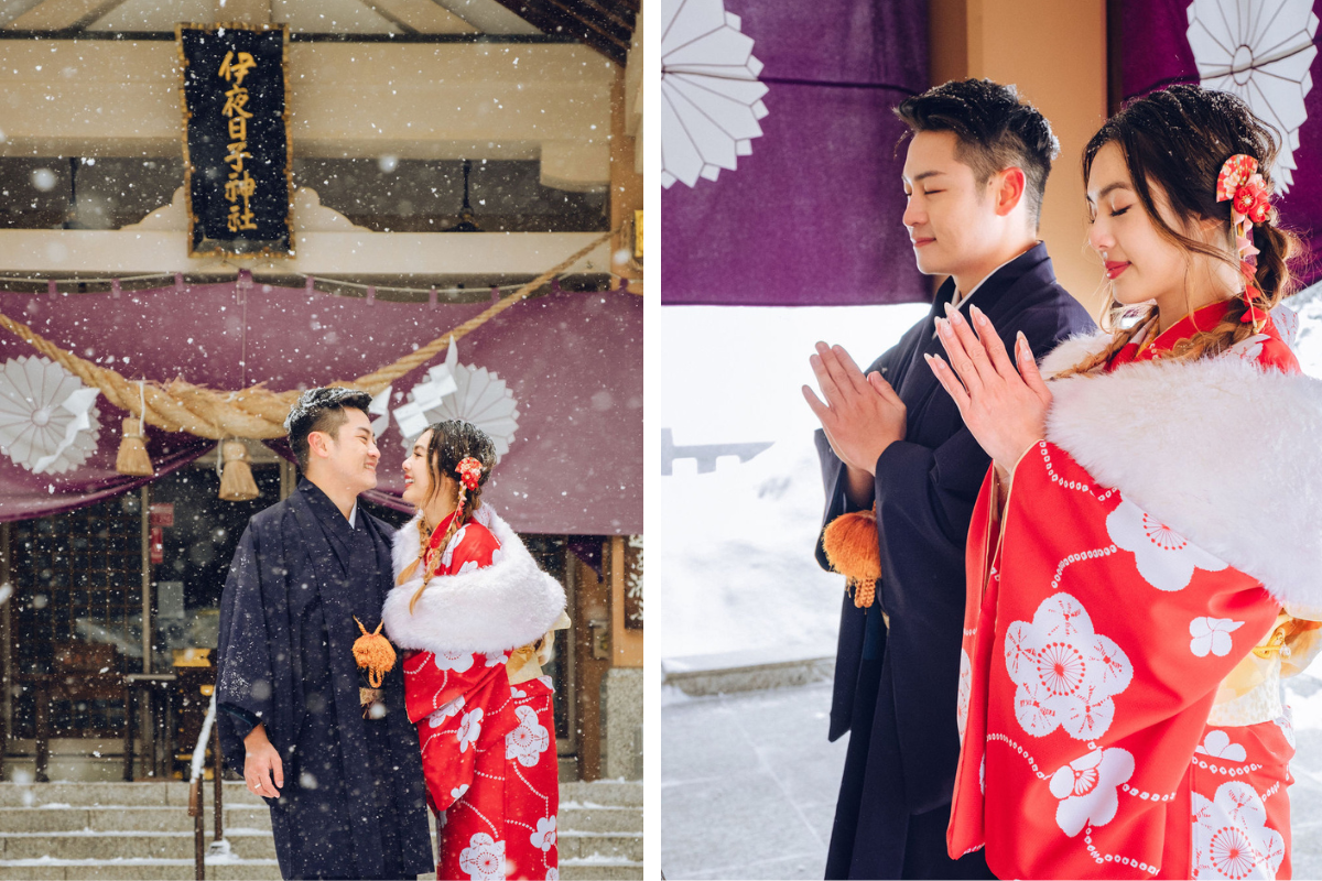 Hokkaido Street Style Kimono Prewedding Photoshoot At Shopping Street And Iyahiko shrine In Winter by Kuma on OneThreeOneFour 26